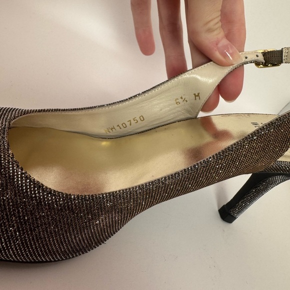 Stuart Weitzman Metallic Peep Toe
Slingback Heel Size 6.5 - Like New! - Picture 3 of 12